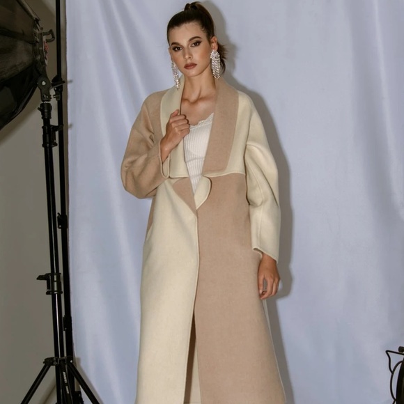 By Quaint French Contrast Tan and Cream Wool Coat - Picture 2 of 8